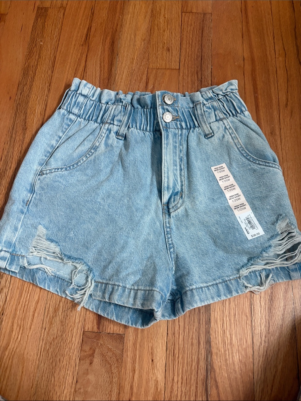 Light Blue Denim Paperbag Waist Shorts